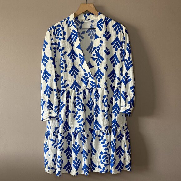 Women's Plus XXL Zara White & Blue Abstract Vine Printed Tiered Mini Dress - Picture 2 of 8